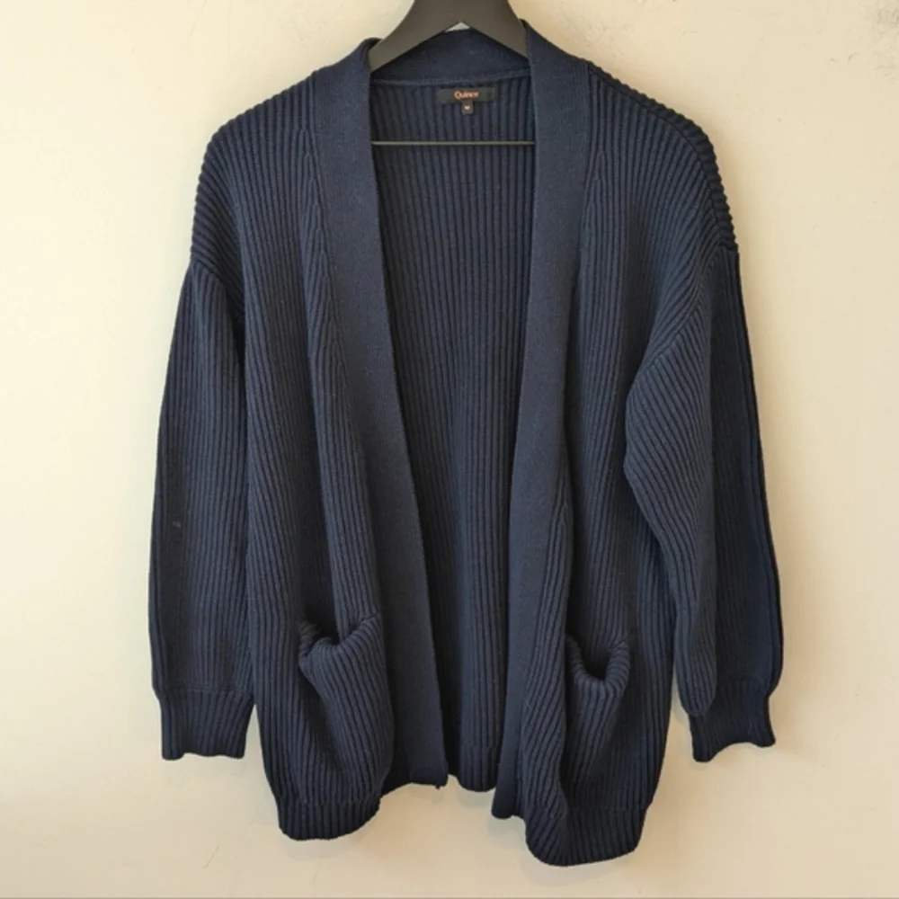 Quince Women's Navy Blue 100% Organic Cotton Oversized Ribbed Cardigan Medium - Picture 2 of 7